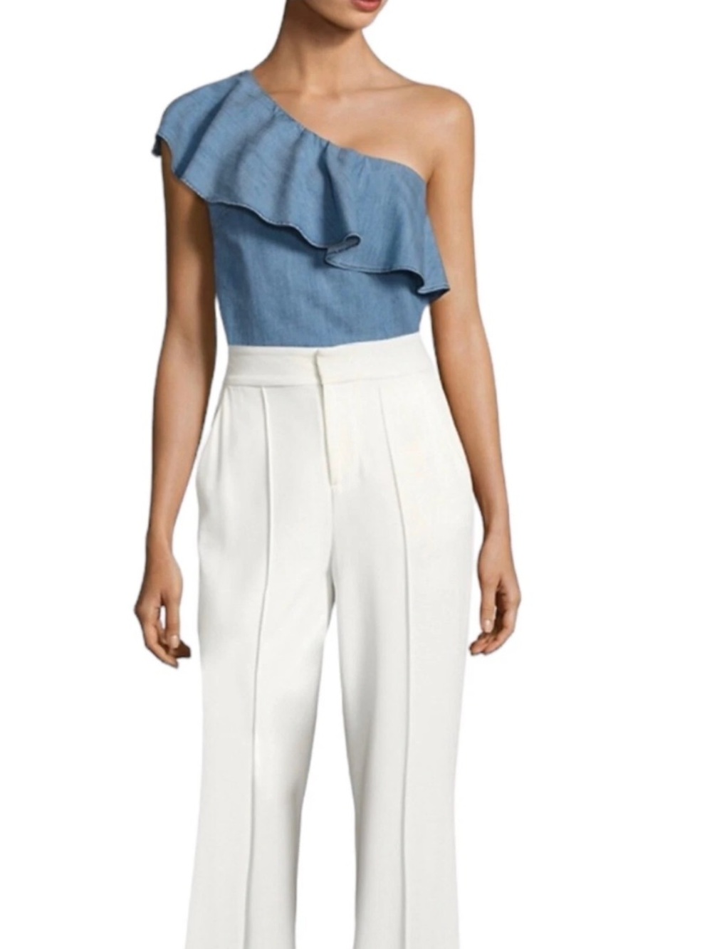 Alice + Olivia One-Shoulder Ruffle Top in Light Denim Blue